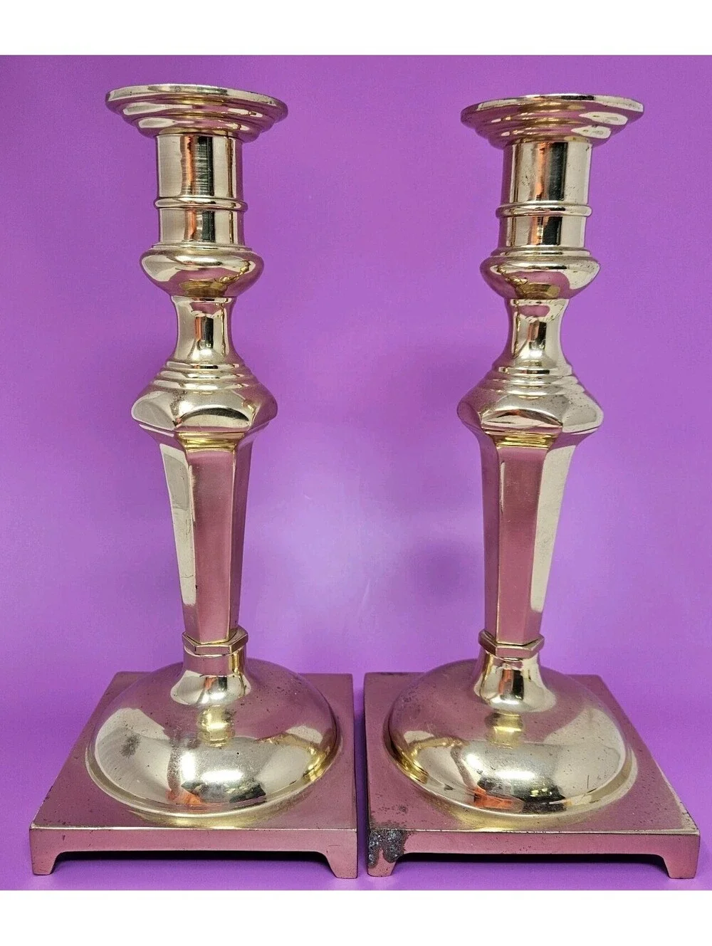 Vintage Pair of 2 Brass Candlesticks Square Footed Base 8.75